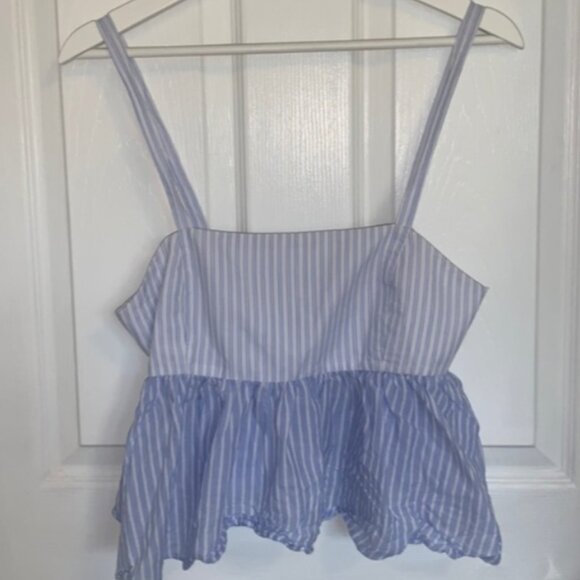 New Zara Blue and White Striped Open-Back Cropped Tank Top - Picture 9 of 16